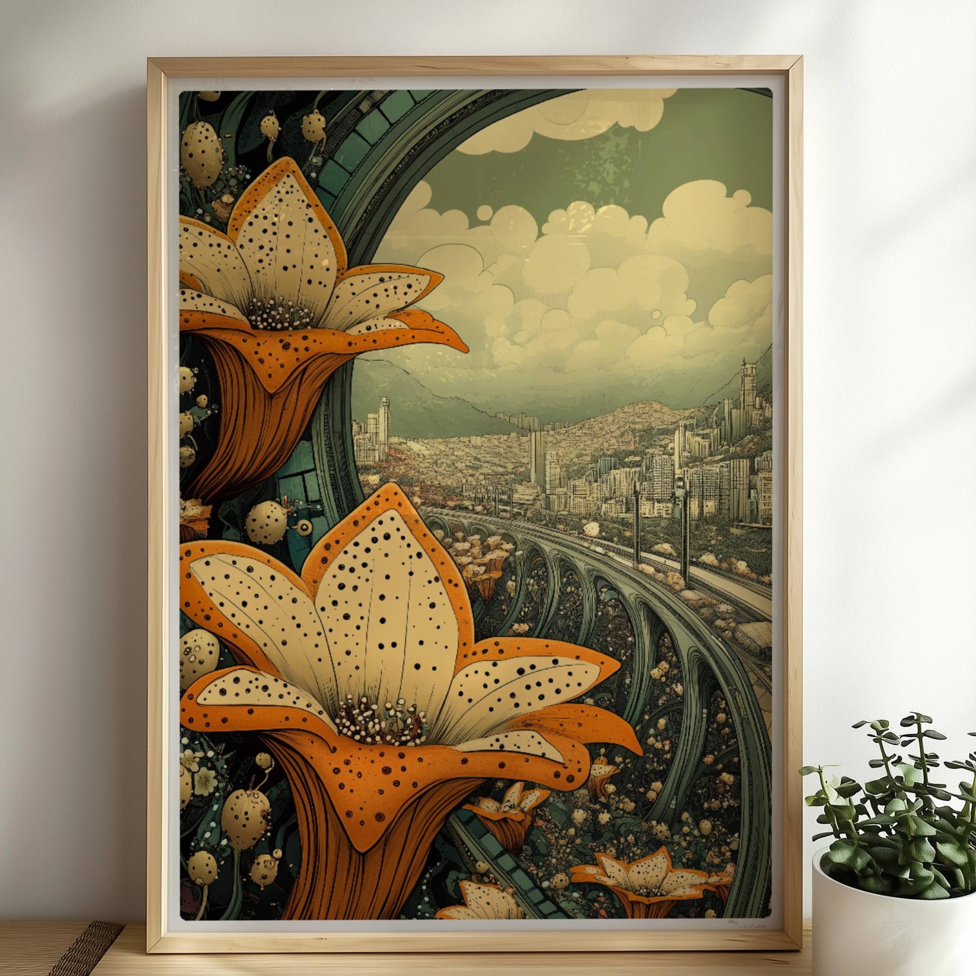 Große orange-gelbe Lilienblüten im Vordergrund, dahinter eine fantasievolle europäische Skyline mit geschwungenen Brücken und modernen Hochhäusern, im Stil eines Tagtraums.. Rahmen natur 50x70