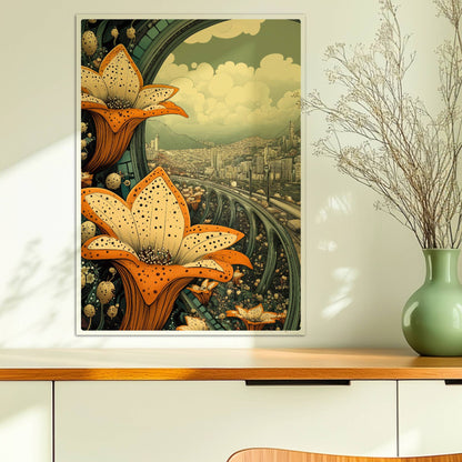 Große orange-gelbe Lilienblüten im Vordergrund, dahinter eine fantasievolle europäische Skyline mit geschwungenen Brücken und modernen Hochhäusern, im Stil eines Tagtraums.. Ohne Rahmen 50x70