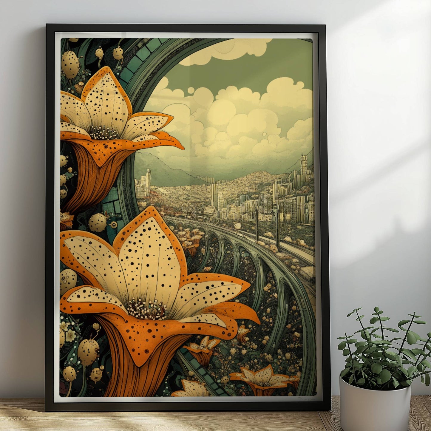 Große orange-gelbe Lilienblüten im Vordergrund, dahinter eine fantasievolle europäische Skyline mit geschwungenen Brücken und modernen Hochhäusern, im Stil eines Tagtraums.. Rahmen schwarz 50x70