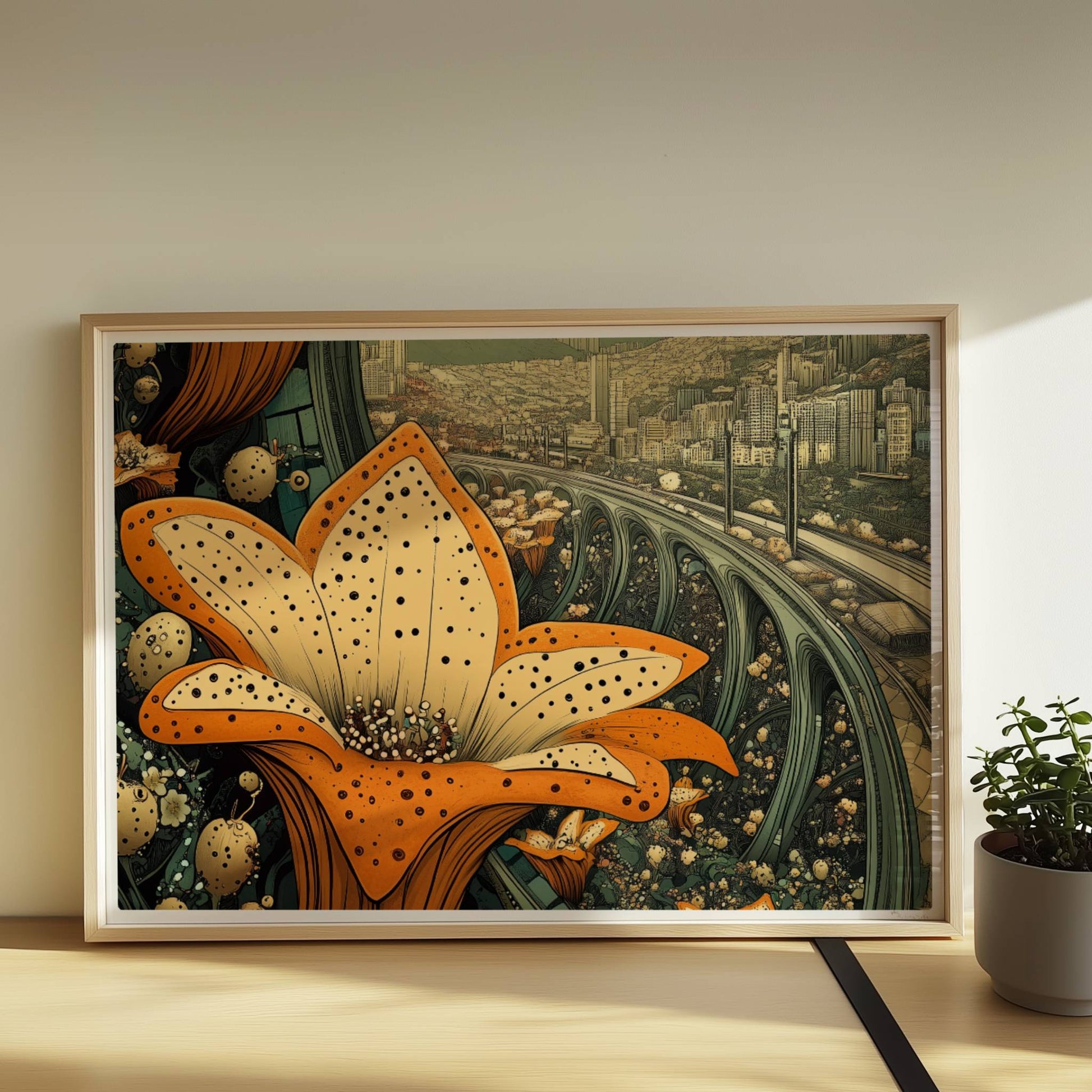 Große orange-gelbe Lilienblüten im Vordergrund, dahinter eine fantasievolle europäische Skyline mit geschwungenen Brücken und modernen Hochhäusern, im Stil eines Tagtraums.. Rahmen natur 70x50