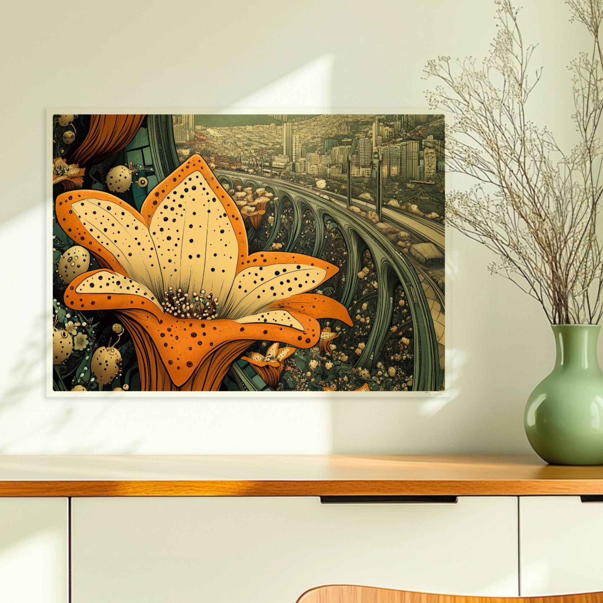 Große orange-gelbe Lilienblüten im Vordergrund, dahinter eine fantasievolle europäische Skyline mit geschwungenen Brücken und modernen Hochhäusern, im Stil eines Tagtraums.. Ohne Rahmen 70x50