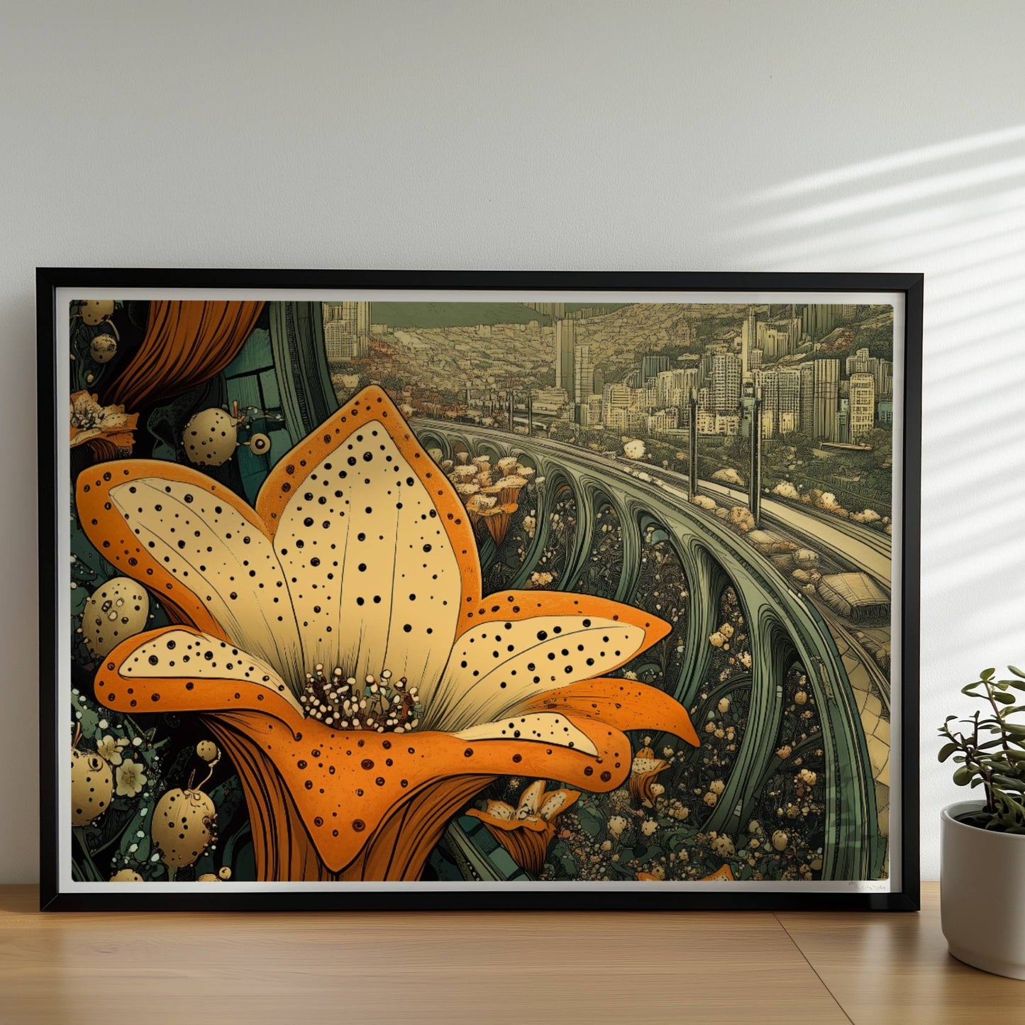 Große orange-gelbe Lilienblüten im Vordergrund, dahinter eine fantasievolle europäische Skyline mit geschwungenen Brücken und modernen Hochhäusern, im Stil eines Tagtraums.. Rahmen schwarz 70x50