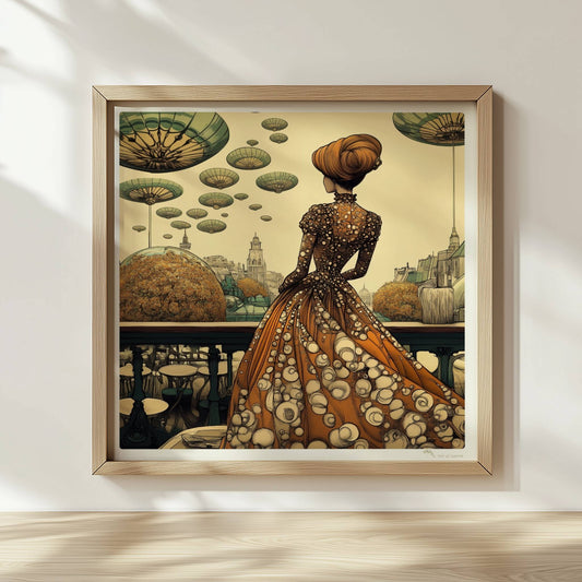 Elegante Frau im historischen Kleid mit Blumenmuster blickt auf eine futuristische Stadt mit schwebenden, pilzartigen Plattformen am Himmel.. Rahmen natur 30x30