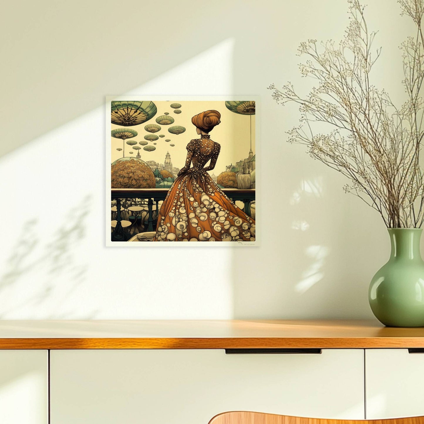 Elegante Frau im historischen Kleid mit Blumenmuster blickt auf eine futuristische Stadt mit schwebenden, pilzartigen Plattformen am Himmel.. Ohne Rahmen 30x30