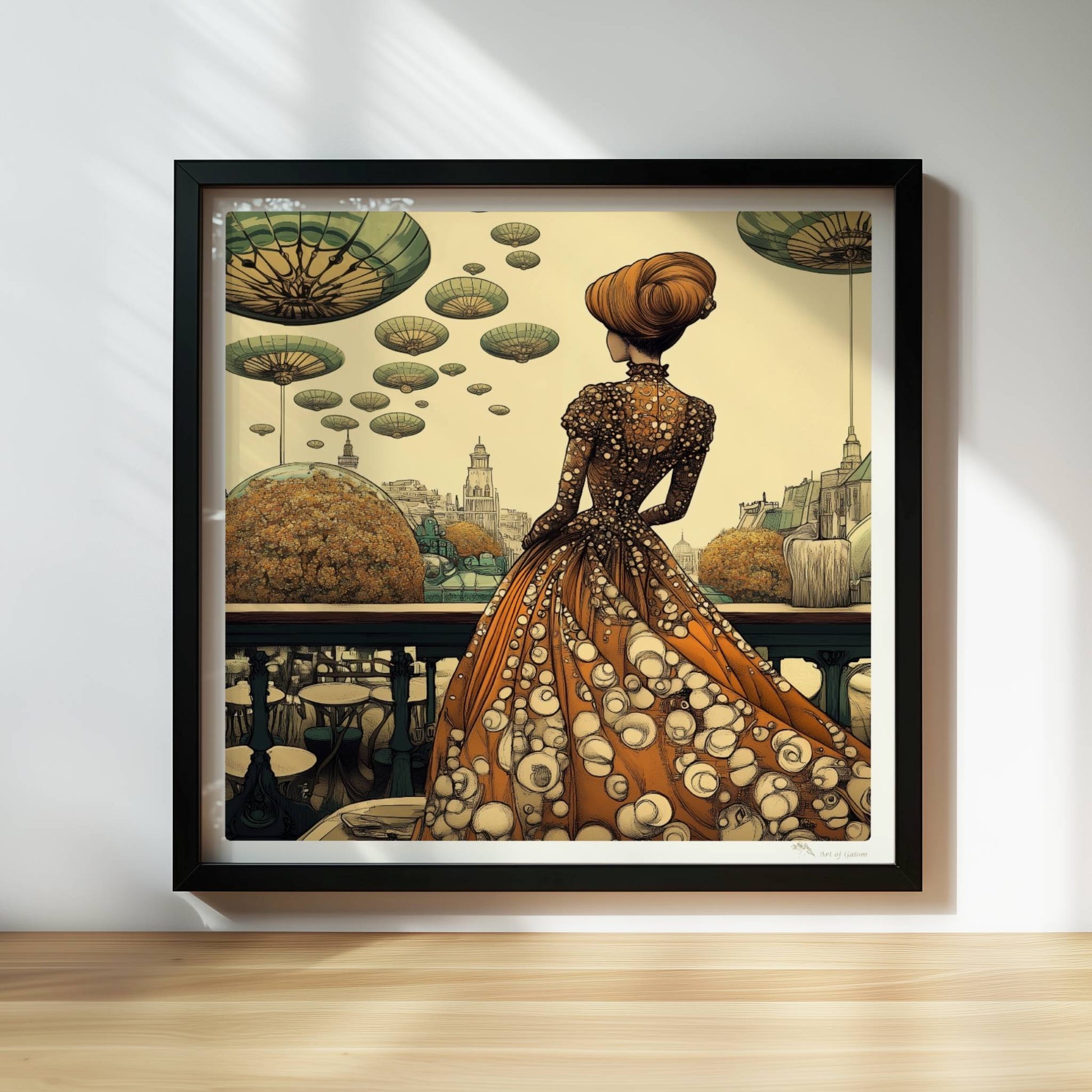 Elegante Frau im historischen Kleid mit Blumenmuster blickt auf eine futuristische Stadt mit schwebenden, pilzartigen Plattformen am Himmel.. Rahmen schwarz 30x30