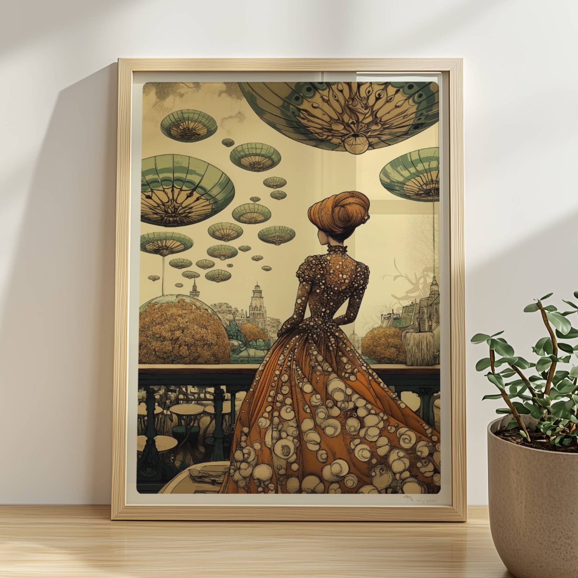 Elegante Frau im historischen Kleid mit Blumenmuster blickt auf eine futuristische Stadt mit schwebenden, pilzartigen Plattformen am Himmel.. Rahmen natur 30x40