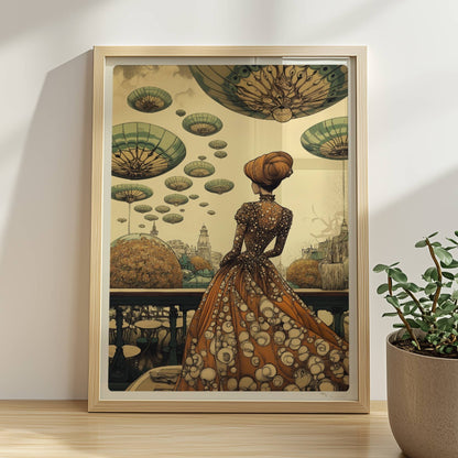 Elegante Frau im historischen Kleid mit Blumenmuster blickt auf eine futuristische Stadt mit schwebenden, pilzartigen Plattformen am Himmel.. Rahmen natur 30x40