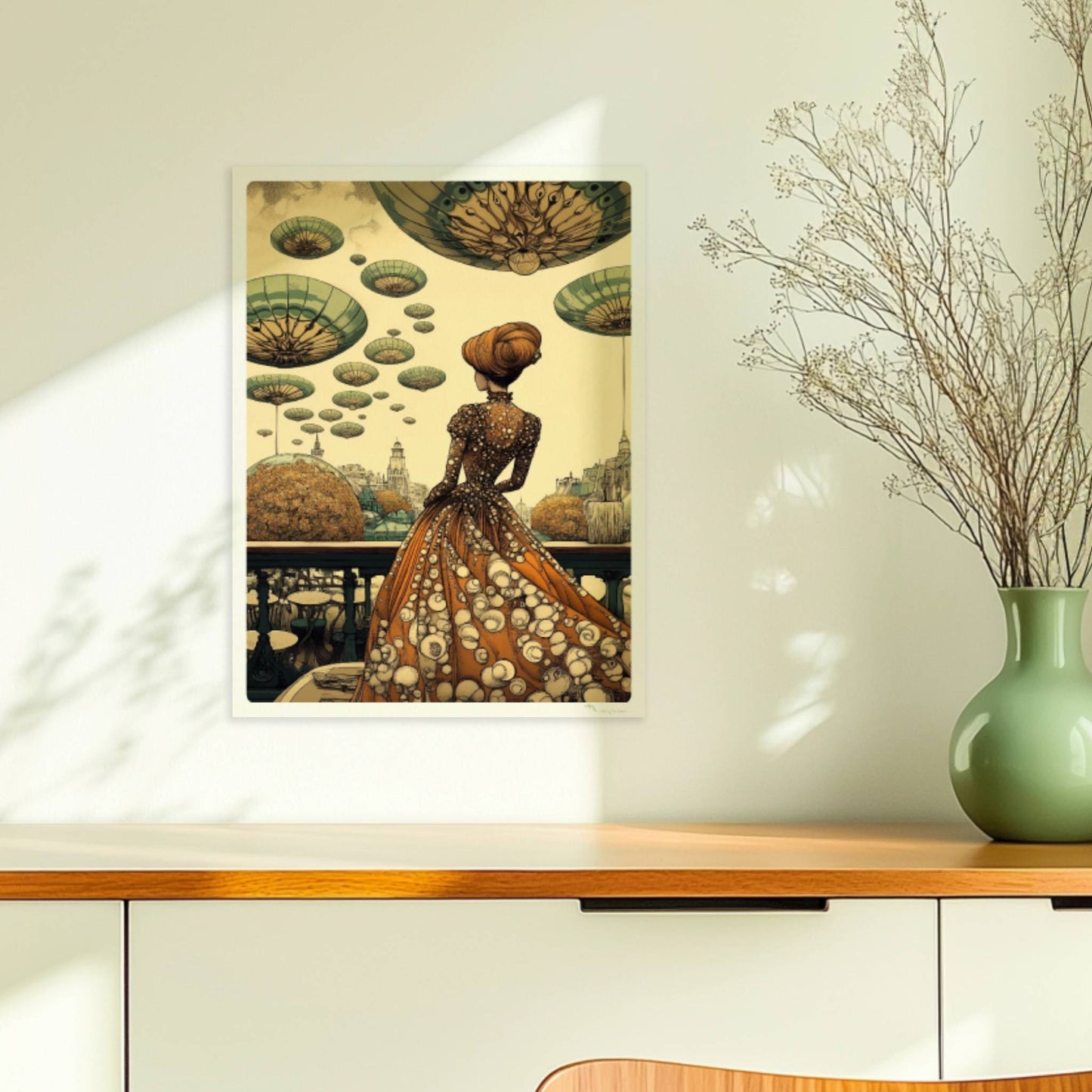 Elegante Frau im historischen Kleid mit Blumenmuster blickt auf eine futuristische Stadt mit schwebenden, pilzartigen Plattformen am Himmel.. Ohne Rahmen 30x40