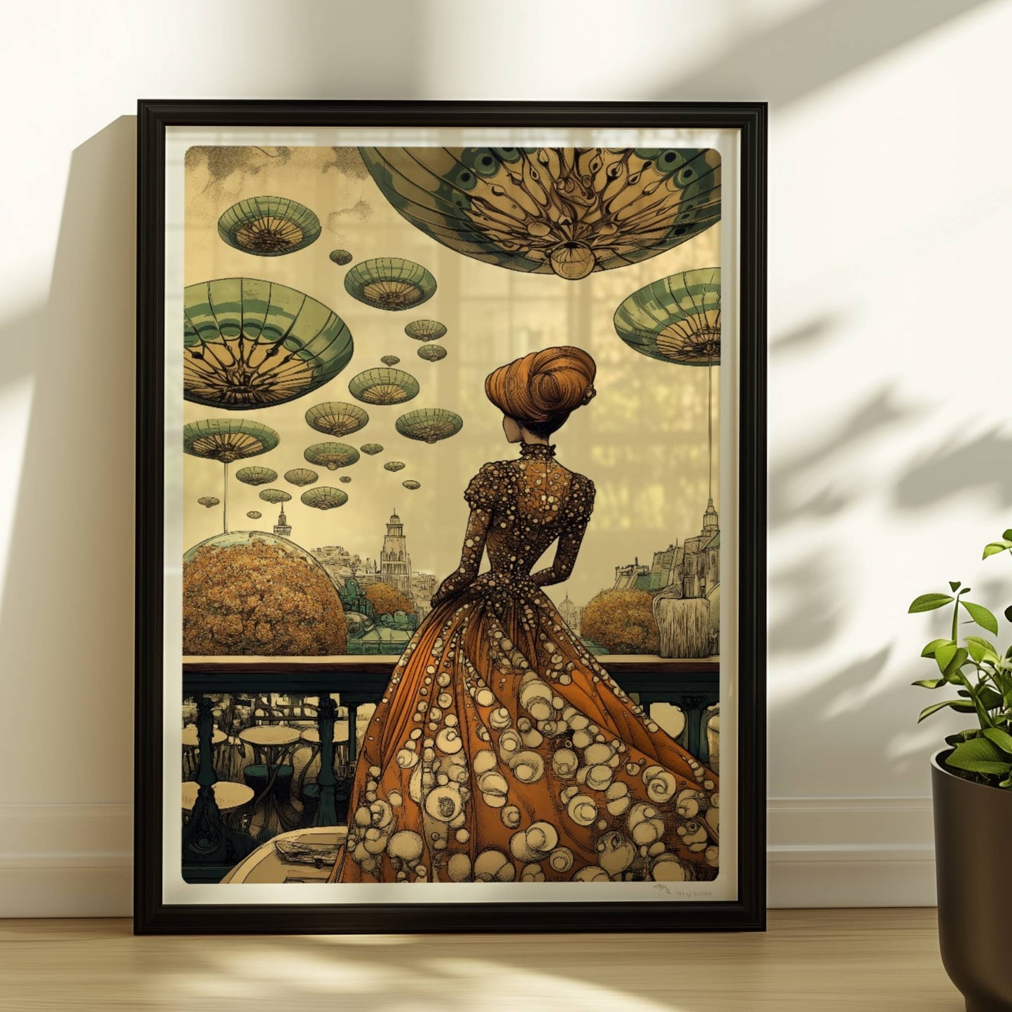 Elegante Frau im historischen Kleid mit Blumenmuster blickt auf eine futuristische Stadt mit schwebenden, pilzartigen Plattformen am Himmel.. Rahmen schwarz 30x40