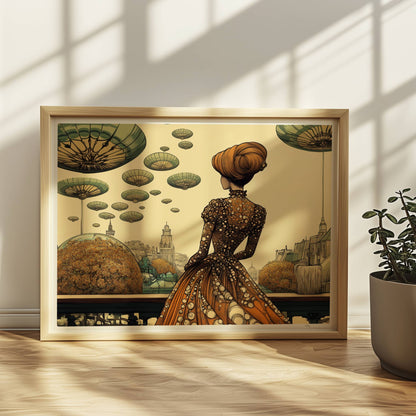 Elegante Frau im historischen Kleid mit Blumenmuster blickt auf eine futuristische Stadt mit schwebenden, pilzartigen Plattformen am Himmel.. Rahmen natur 40x30