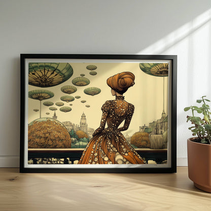 Elegante Frau im historischen Kleid mit Blumenmuster blickt auf eine futuristische Stadt mit schwebenden, pilzartigen Plattformen am Himmel.. Rahmen schwarz 40x30