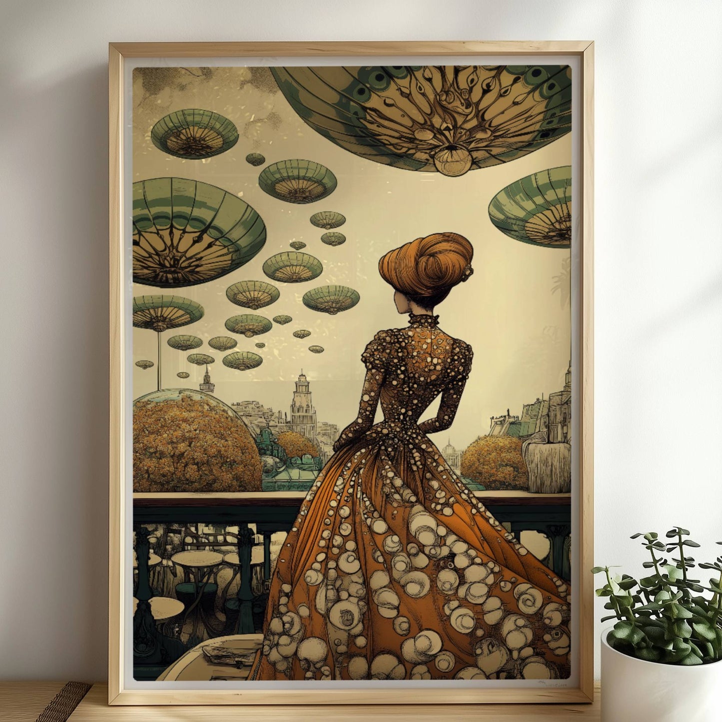 Elegante Frau im historischen Kleid mit Blumenmuster blickt auf eine futuristische Stadt mit schwebenden, pilzartigen Plattformen am Himmel.. Rahmen natur 50x70