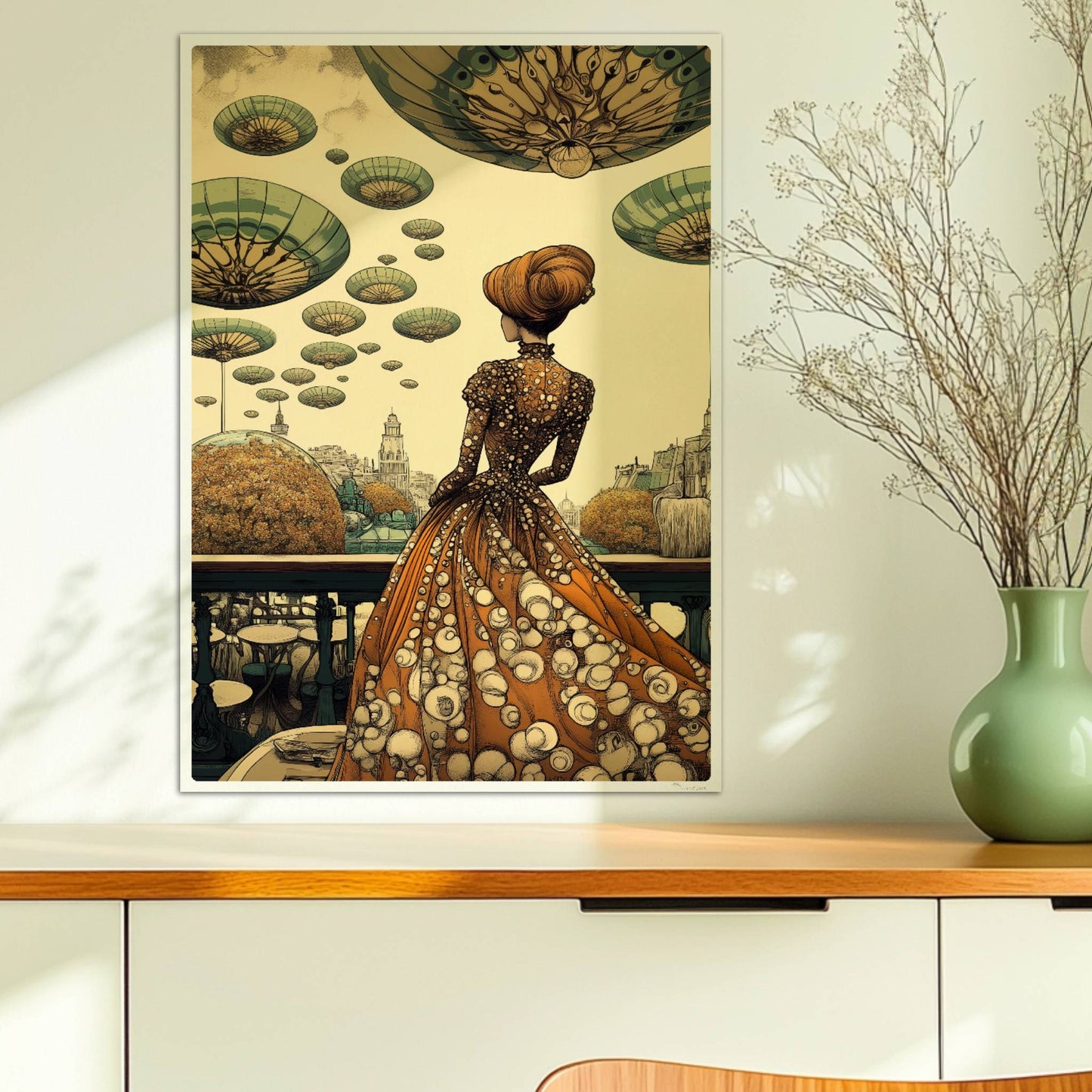 Elegante Frau im historischen Kleid mit Blumenmuster blickt auf eine futuristische Stadt mit schwebenden, pilzartigen Plattformen am Himmel.. Ohne Rahmen 50x70