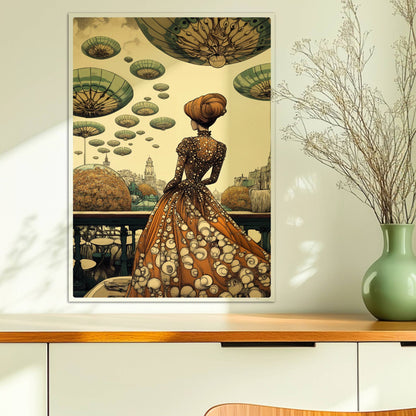 Elegante Frau im historischen Kleid mit Blumenmuster blickt auf eine futuristische Stadt mit schwebenden, pilzartigen Plattformen am Himmel.. Ohne Rahmen 50x70
