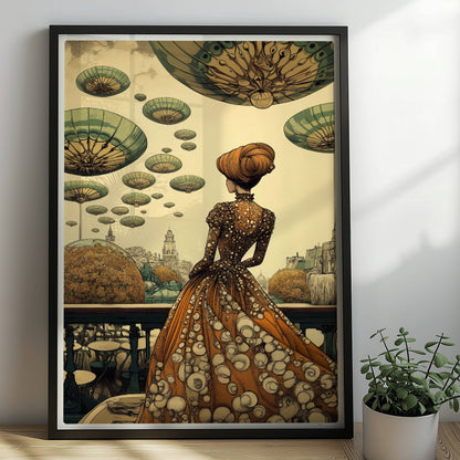 Elegante Frau im historischen Kleid mit Blumenmuster blickt auf eine futuristische Stadt mit schwebenden, pilzartigen Plattformen am Himmel.. Rahmen schwarz 50x70