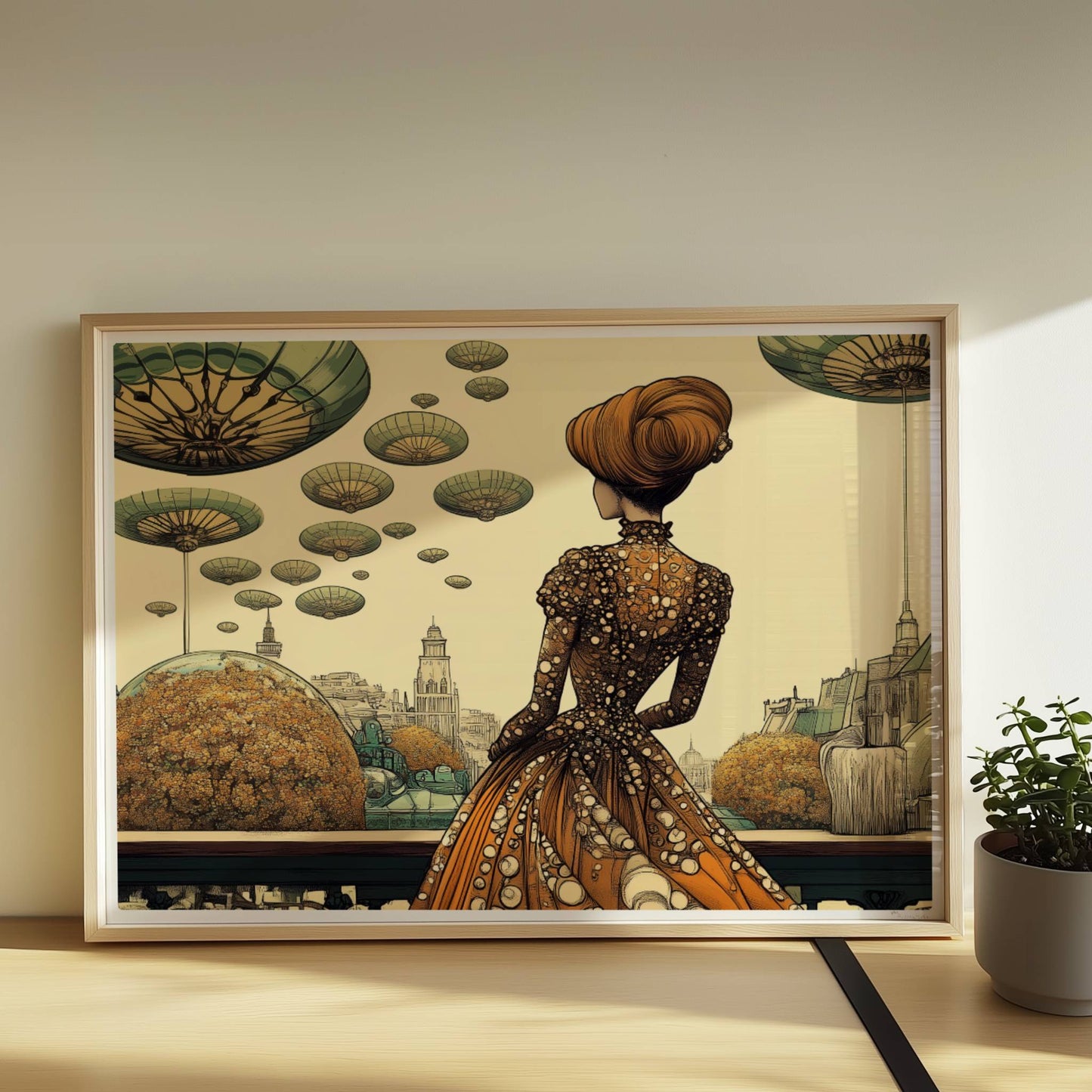 Elegante Frau im historischen Kleid mit Blumenmuster blickt auf eine futuristische Stadt mit schwebenden, pilzartigen Plattformen am Himmel.. Rahmen natur 70x50