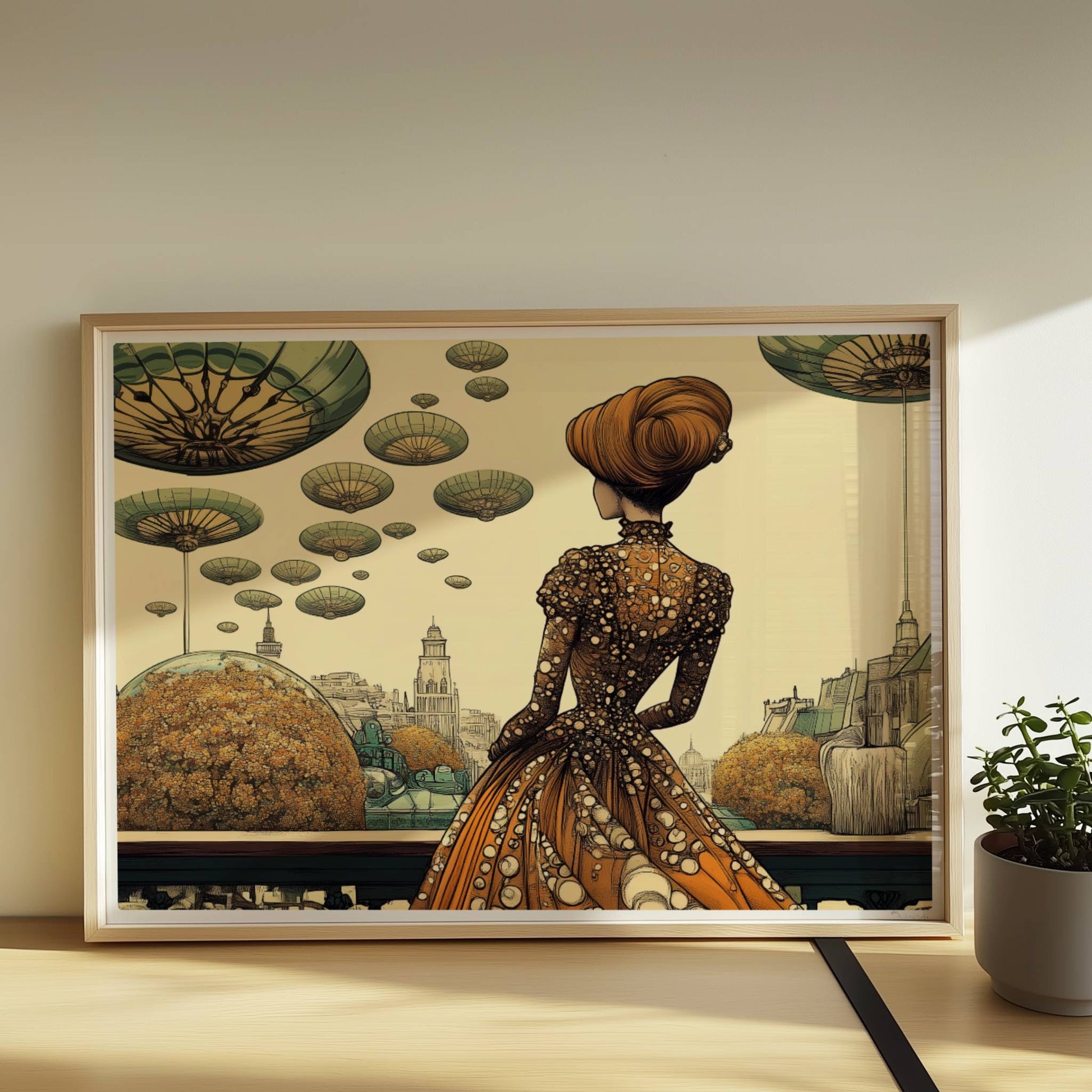 Elegante Frau im historischen Kleid mit Blumenmuster blickt auf eine futuristische Stadt mit schwebenden, pilzartigen Plattformen am Himmel.. Rahmen natur 70x50