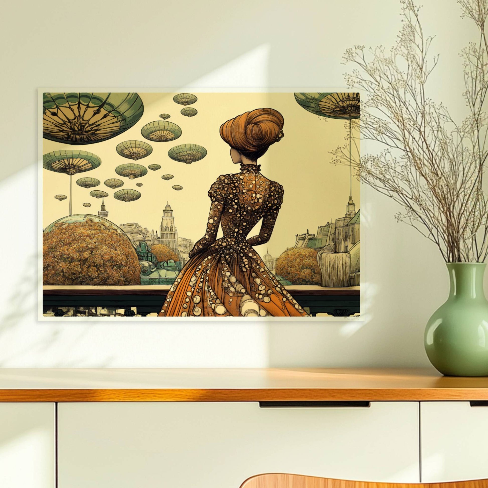 Elegante Frau im historischen Kleid mit Blumenmuster blickt auf eine futuristische Stadt mit schwebenden, pilzartigen Plattformen am Himmel.. Ohne Rahmen 70x50