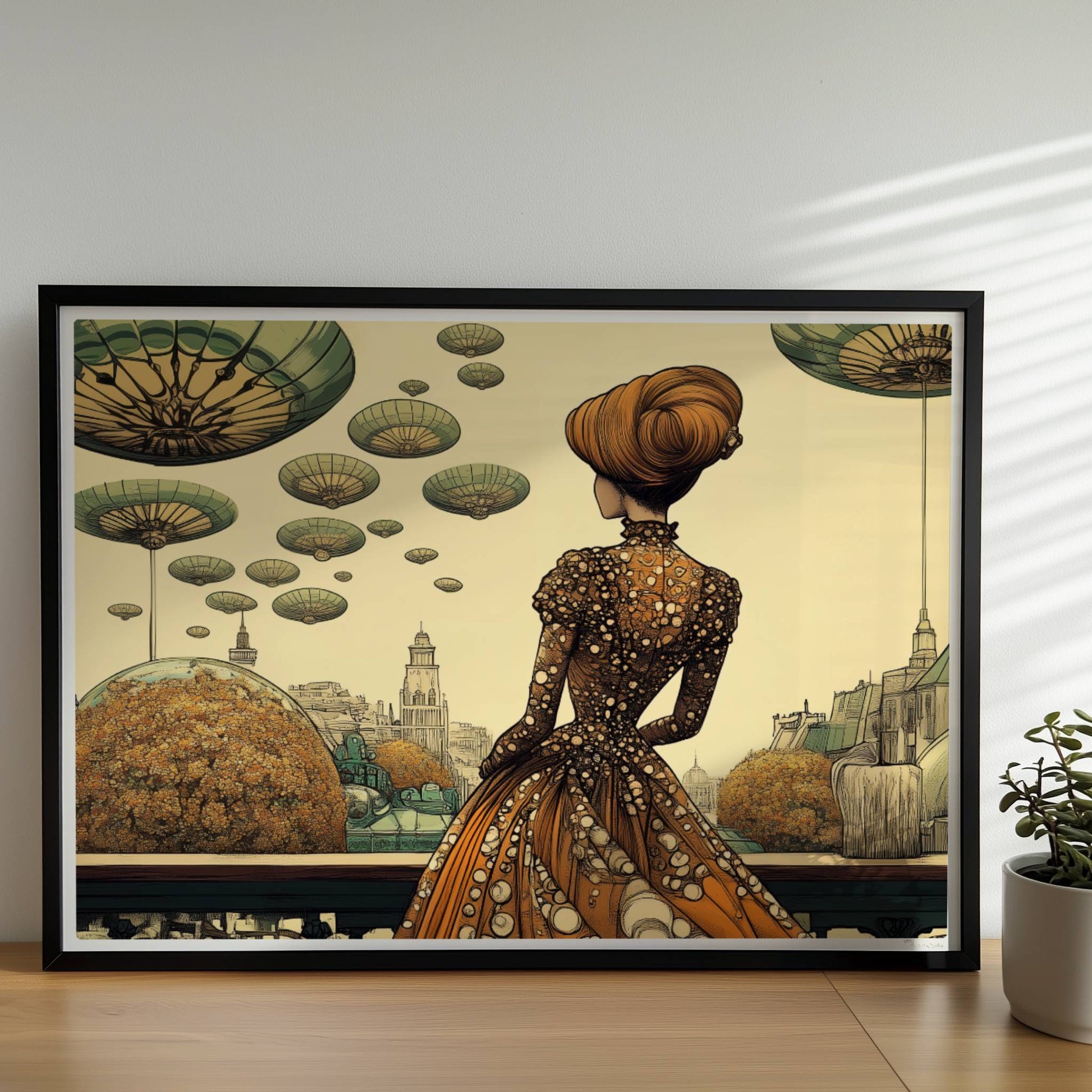 Elegante Frau im historischen Kleid mit Blumenmuster blickt auf eine futuristische Stadt mit schwebenden, pilzartigen Plattformen am Himmel.. Rahmen schwarz 70x50