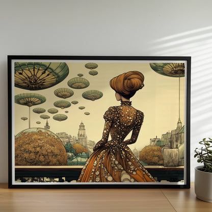Elegante Frau im historischen Kleid mit Blumenmuster blickt auf eine futuristische Stadt mit schwebenden, pilzartigen Plattformen am Himmel.. Rahmen schwarz 70x50