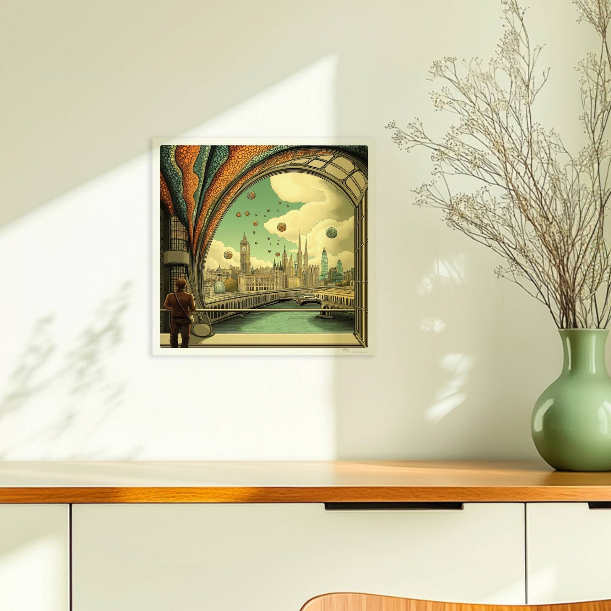 Mann mit Umhängetasche steht am Fenster und blickt auf eine futuristische europäische Skyline mit schwebenden Kugeln und kunstvollen Strukturen.. Ohne Rahmen 30x30