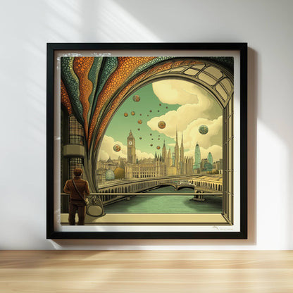 Mann mit Umhängetasche steht am Fenster und blickt auf eine futuristische europäische Skyline mit schwebenden Kugeln und kunstvollen Strukturen.. Rahmen schwarz 30x30