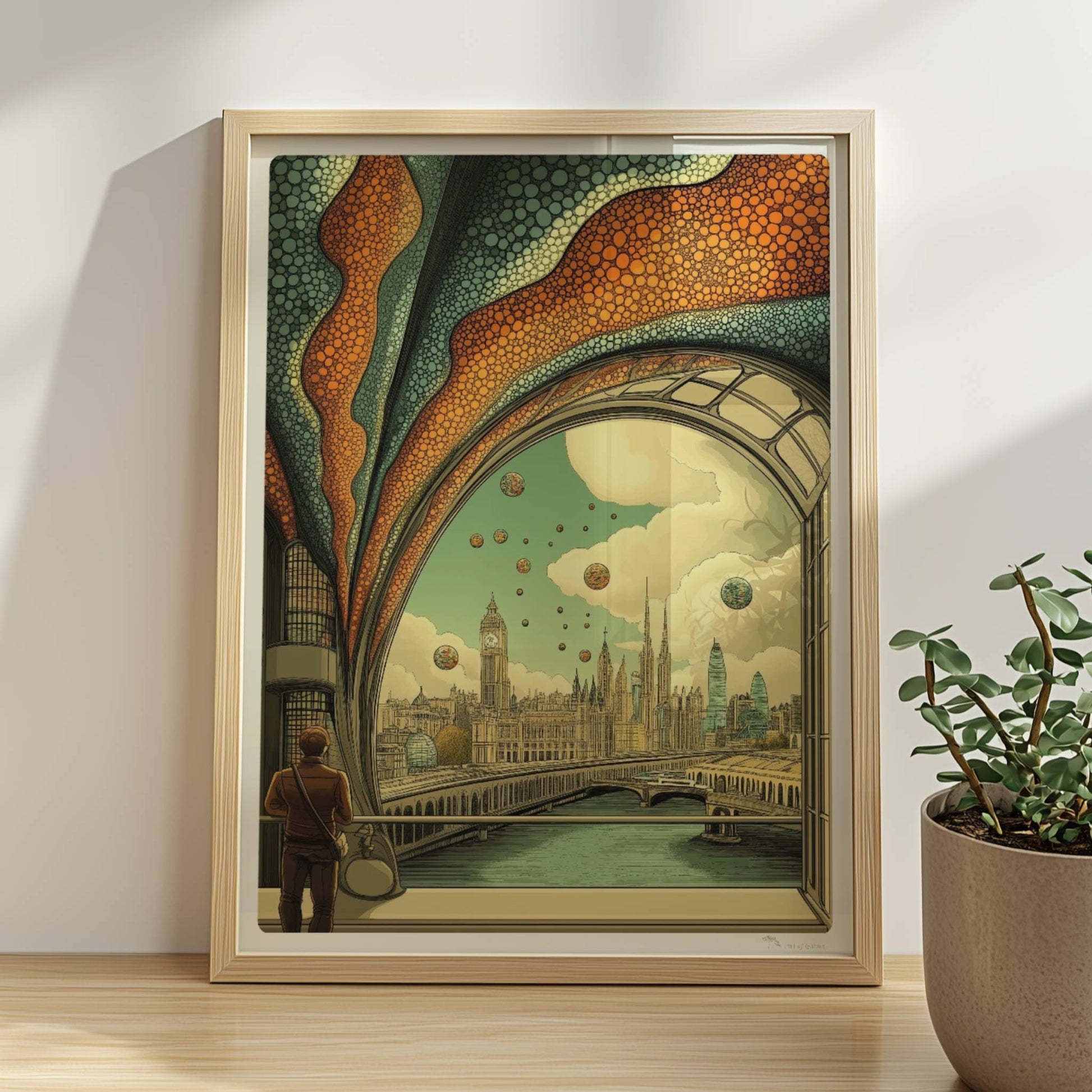Mann mit Umhängetasche steht am Fenster und blickt auf eine futuristische europäische Skyline mit schwebenden Kugeln und kunstvollen Strukturen.. Rahmen natur 30x40
