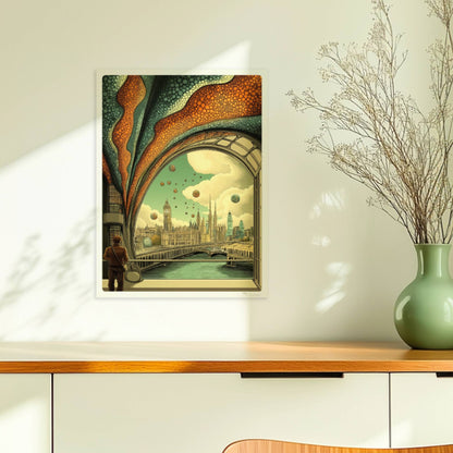 Mann mit Umhängetasche steht am Fenster und blickt auf eine futuristische europäische Skyline mit schwebenden Kugeln und kunstvollen Strukturen.. Ohne Rahmen 30x40