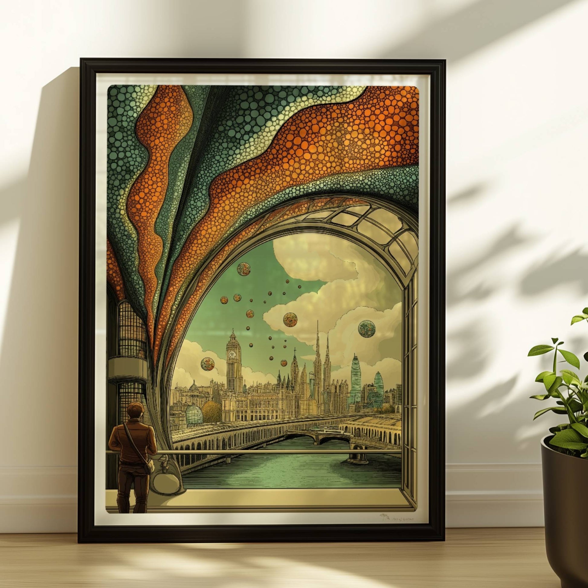 Mann mit Umhängetasche steht am Fenster und blickt auf eine futuristische europäische Skyline mit schwebenden Kugeln und kunstvollen Strukturen.. Rahmen schwarz 30x40