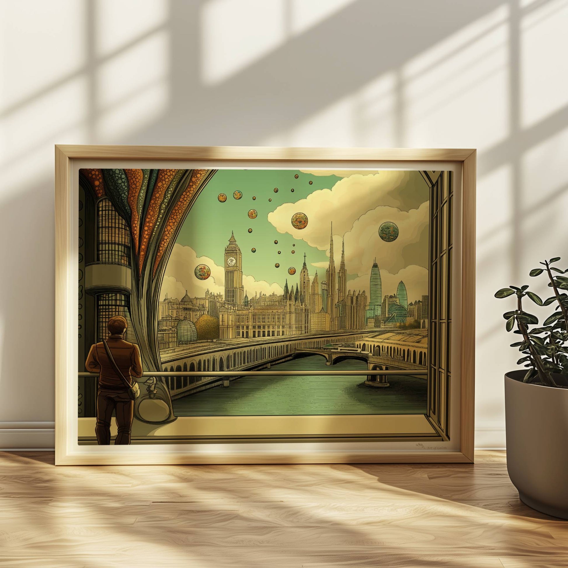 Mann mit Umhängetasche steht am Fenster und blickt auf eine futuristische europäische Skyline mit schwebenden Kugeln und kunstvollen Strukturen.. Rahmen natur 40x30