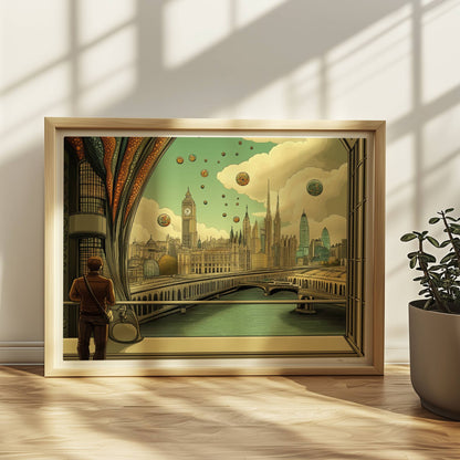 Mann mit Umhängetasche steht am Fenster und blickt auf eine futuristische europäische Skyline mit schwebenden Kugeln und kunstvollen Strukturen.. Rahmen natur 40x30