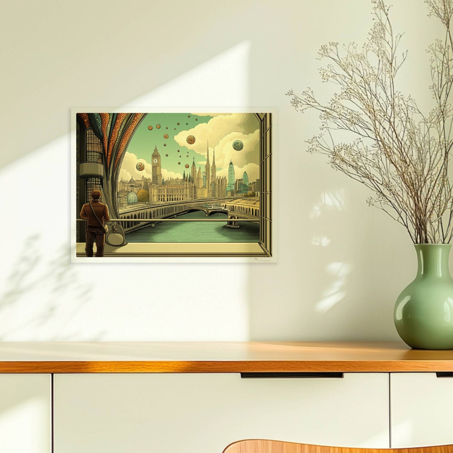 Mann mit Umhängetasche steht am Fenster und blickt auf eine futuristische europäische Skyline mit schwebenden Kugeln und kunstvollen Strukturen.. Ohne Rahmen 40x30