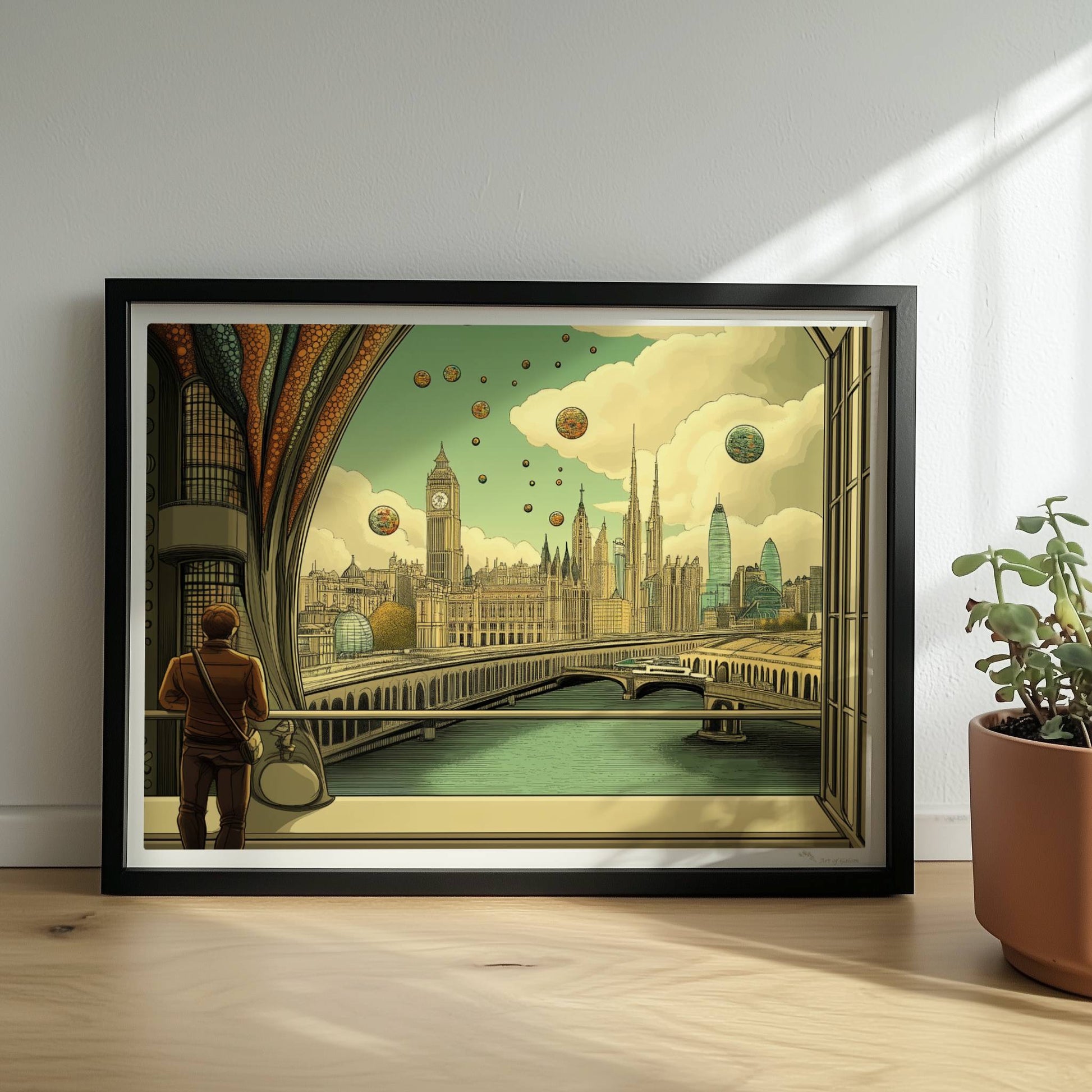 Mann mit Umhängetasche steht am Fenster und blickt auf eine futuristische europäische Skyline mit schwebenden Kugeln und kunstvollen Strukturen.. Rahmen schwarz 40x30