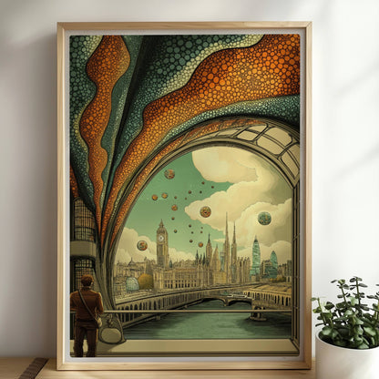 Mann mit Umhängetasche steht am Fenster und blickt auf eine futuristische europäische Skyline mit schwebenden Kugeln und kunstvollen Strukturen.. Rahmen natur 50x70