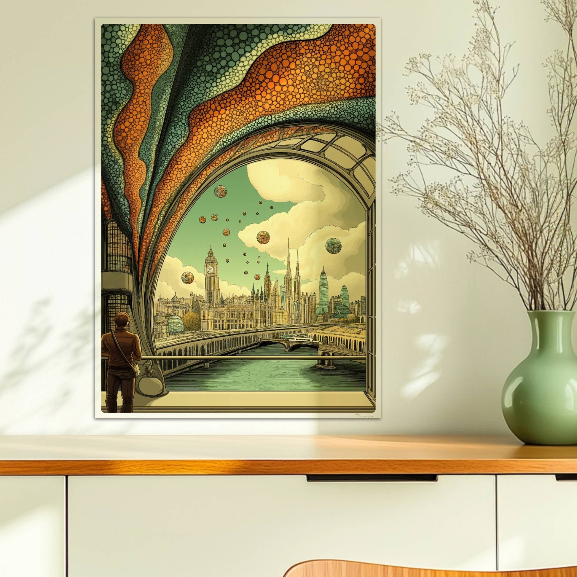 Mann mit Umhängetasche steht am Fenster und blickt auf eine futuristische europäische Skyline mit schwebenden Kugeln und kunstvollen Strukturen.. Ohne Rahmen 50x70