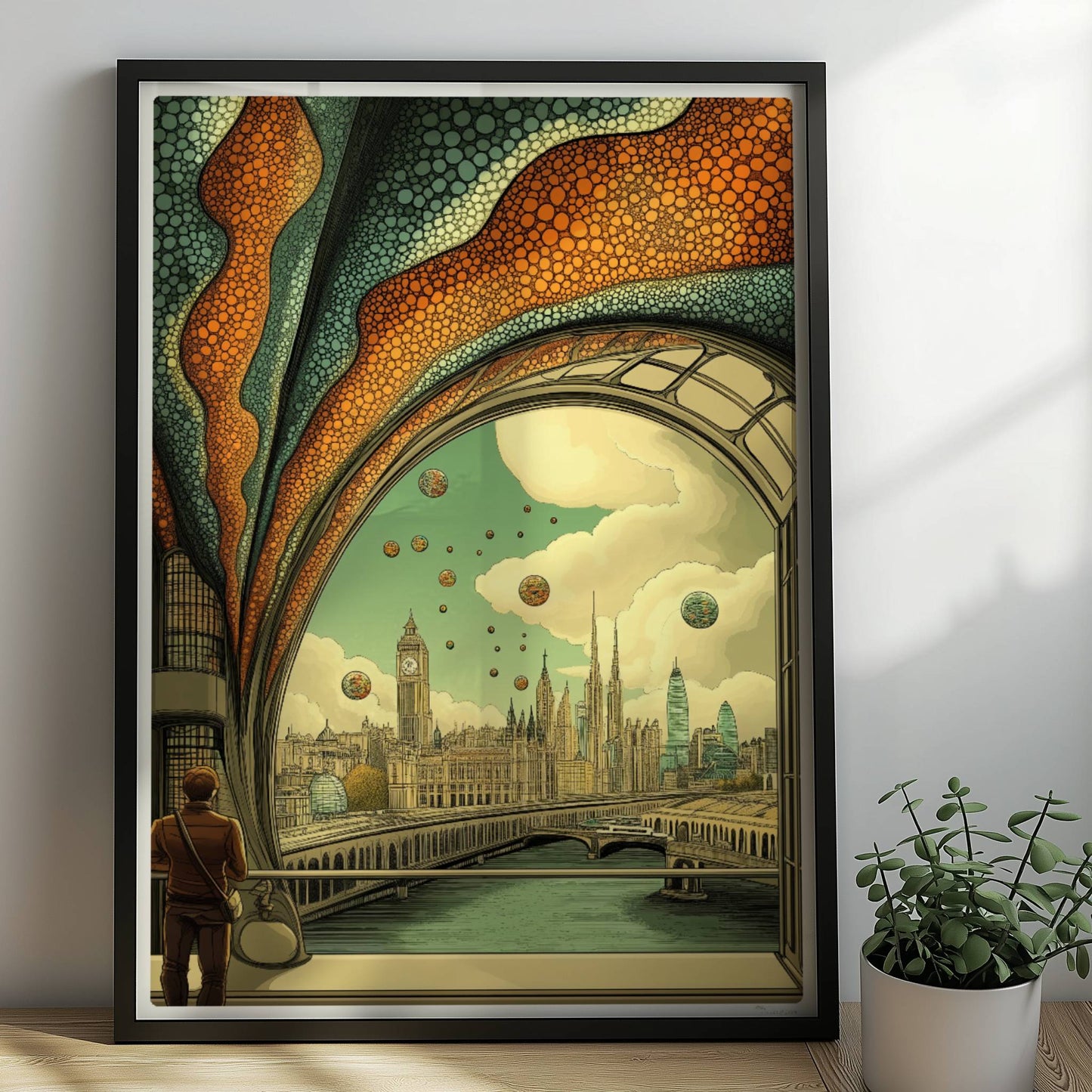 Mann mit Umhängetasche steht am Fenster und blickt auf eine futuristische europäische Skyline mit schwebenden Kugeln und kunstvollen Strukturen.. Rahmen schwarz 50x70