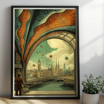 Mann mit Umhängetasche steht am Fenster und blickt auf eine futuristische europäische Skyline mit schwebenden Kugeln und kunstvollen Strukturen.. Rahmen schwarz 50x70