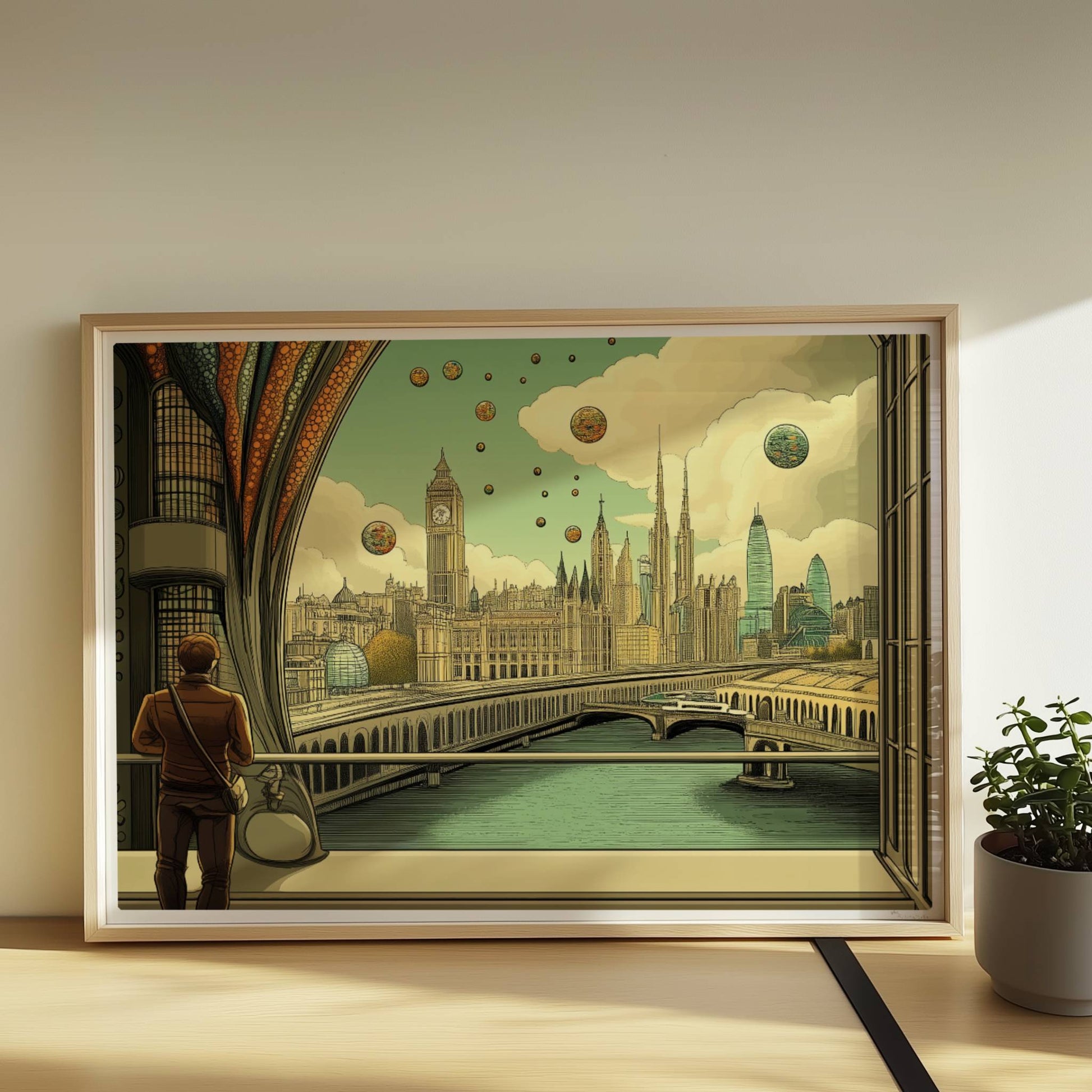 Mann mit Umhängetasche steht am Fenster und blickt auf eine futuristische europäische Skyline mit schwebenden Kugeln und kunstvollen Strukturen.. Rahmen natur 70x50