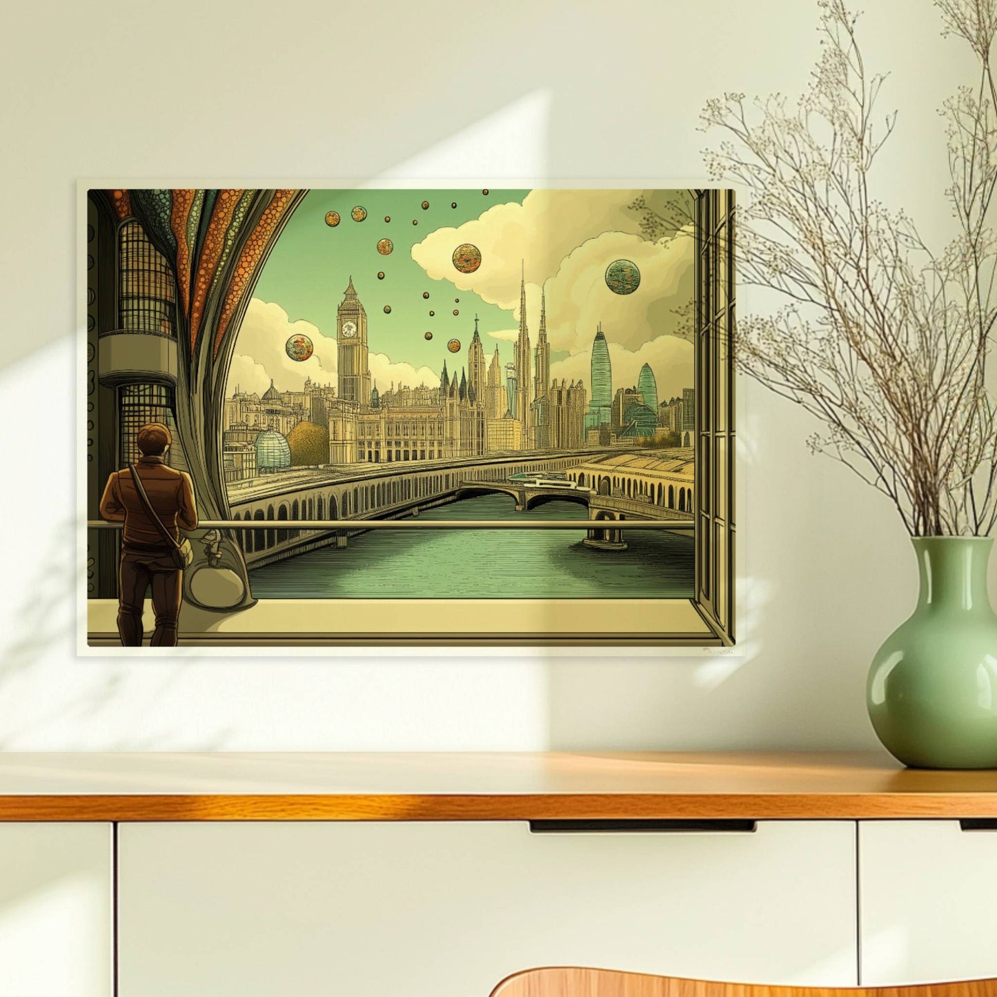 Mann mit Umhängetasche steht am Fenster und blickt auf eine futuristische europäische Skyline mit schwebenden Kugeln und kunstvollen Strukturen.. Ohne Rahmen 70x50