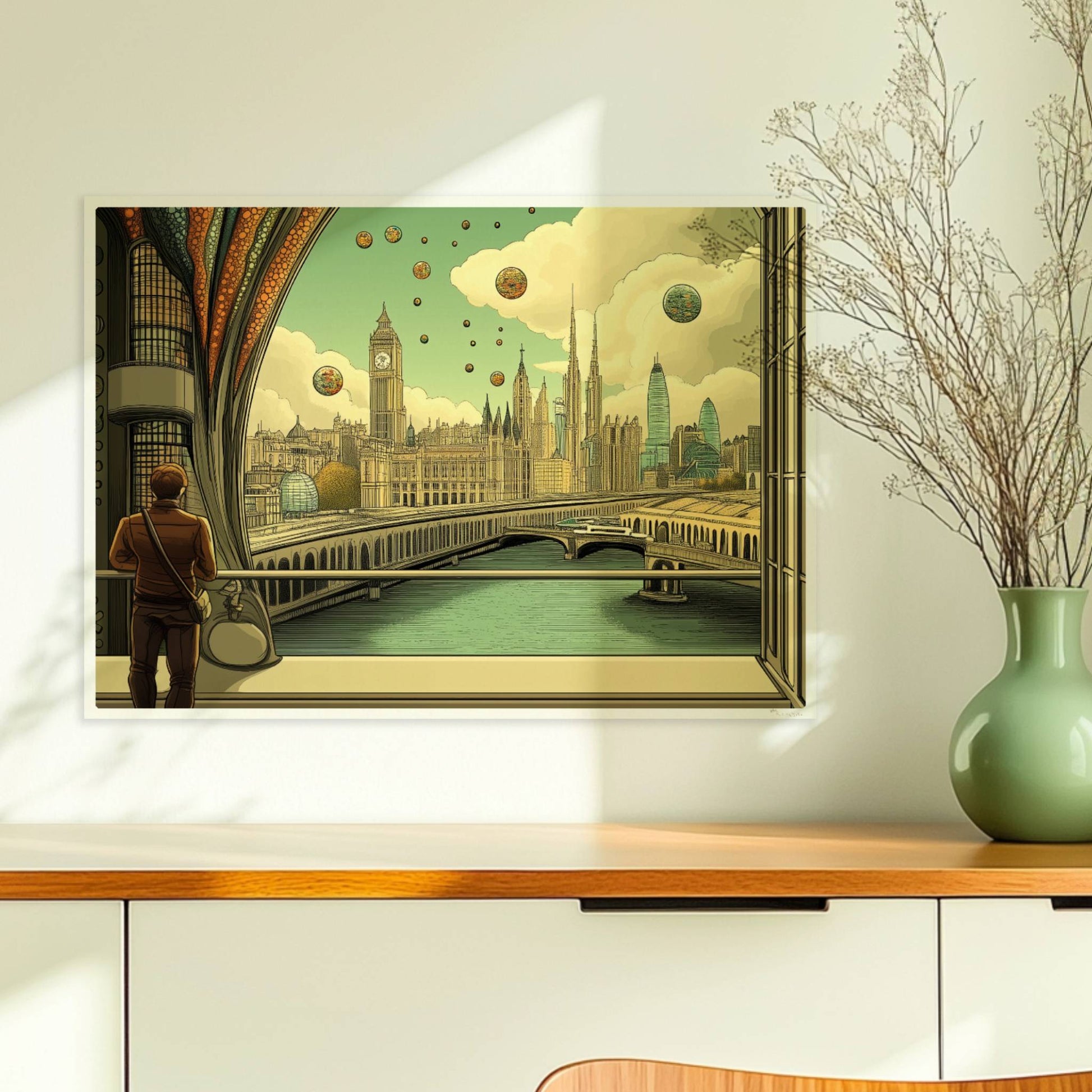 Mann mit Umhängetasche steht am Fenster und blickt auf eine futuristische europäische Skyline mit schwebenden Kugeln und kunstvollen Strukturen.. Ohne Rahmen 70x50