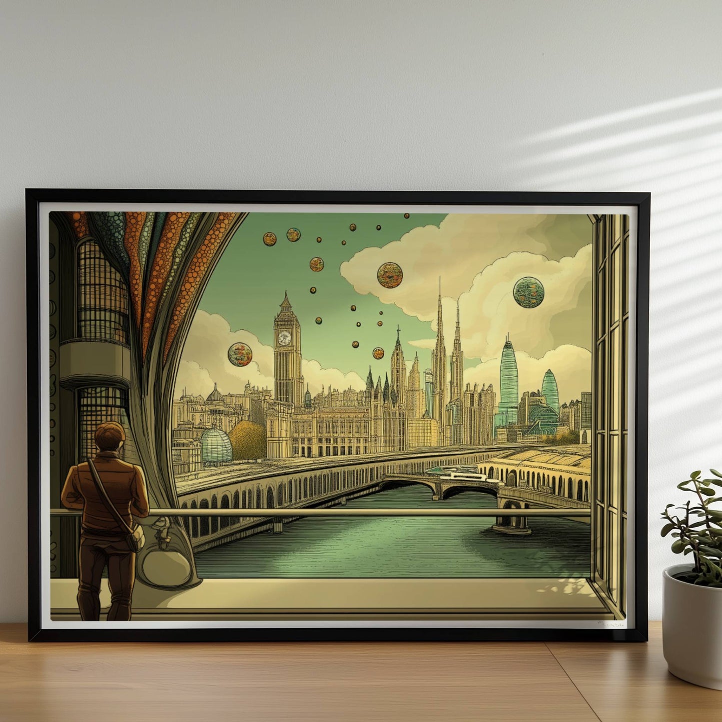 Mann mit Umhängetasche steht am Fenster und blickt auf eine futuristische europäische Skyline mit schwebenden Kugeln und kunstvollen Strukturen.. Rahmen schwarz 70x50