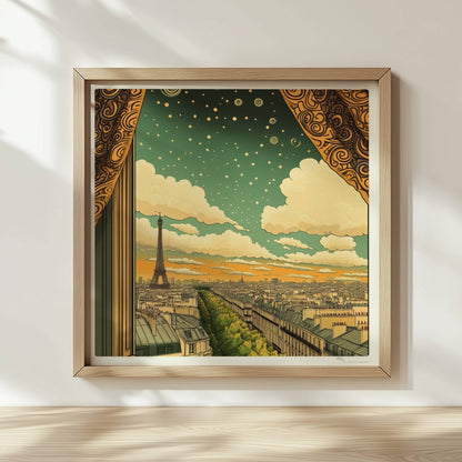 Blick aus einem kunstvoll gerahmten Fenster mit goldenen Vorhängen auf den Eiffelturm, eine Pariser Straße und einen Himmel voller Sterne und Spiralen.. Rahmen natur 30x30