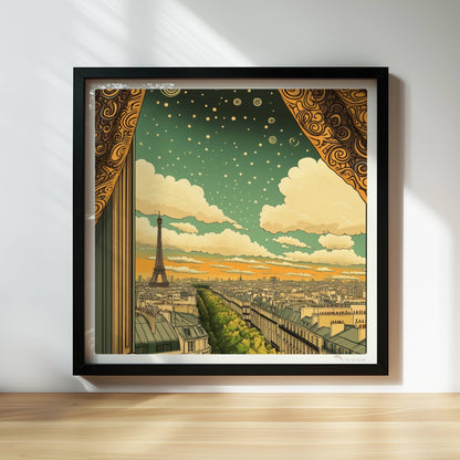 Blick aus einem kunstvoll gerahmten Fenster mit goldenen Vorhängen auf den Eiffelturm, eine Pariser Straße und einen Himmel voller Sterne und Spiralen.. Rahmen schwarz 30x30