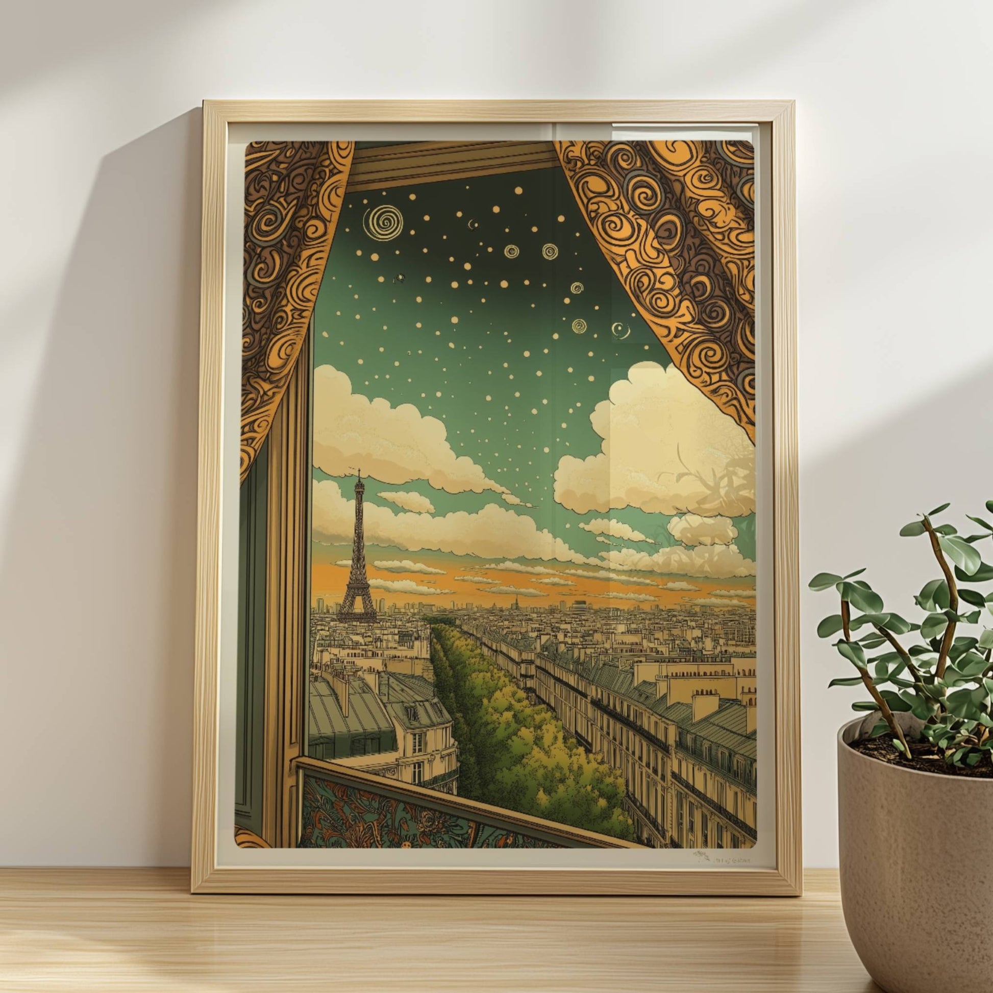Blick aus einem kunstvoll gerahmten Fenster mit goldenen Vorhängen auf den Eiffelturm, eine Pariser Straße und einen Himmel voller Sterne und Spiralen.. Rahmen natur 30x40