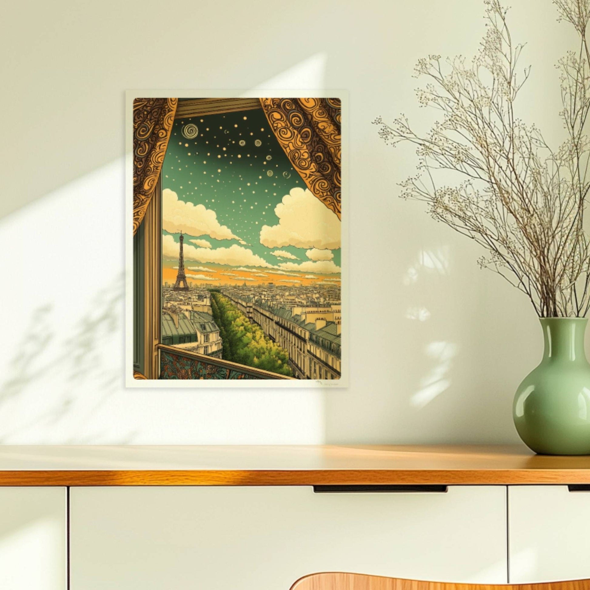 Blick aus einem kunstvoll gerahmten Fenster mit goldenen Vorhängen auf den Eiffelturm, eine Pariser Straße und einen Himmel voller Sterne und Spiralen.. Ohne Rahmen 30x40