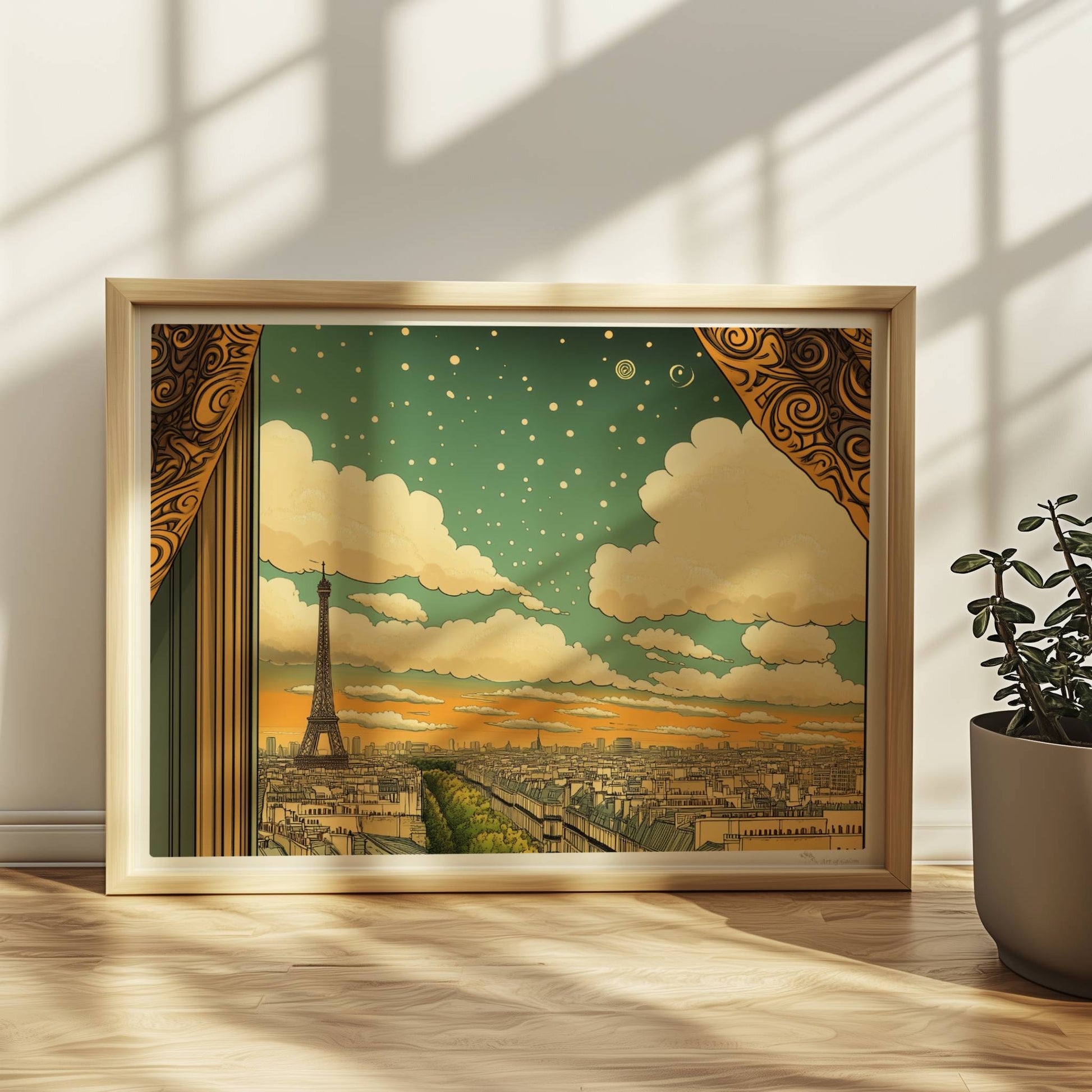 Blick aus einem kunstvoll gerahmten Fenster mit goldenen Vorhängen auf den Eiffelturm, eine Pariser Straße und einen Himmel voller Sterne und Spiralen.. Rahmen natur 40x30