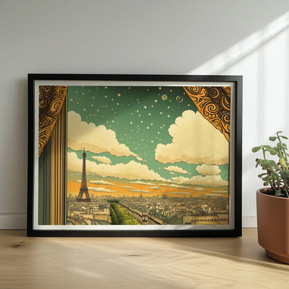 Blick aus einem kunstvoll gerahmten Fenster mit goldenen Vorhängen auf den Eiffelturm, eine Pariser Straße und einen Himmel voller Sterne und Spiralen.. Rahmen schwarz 40x30