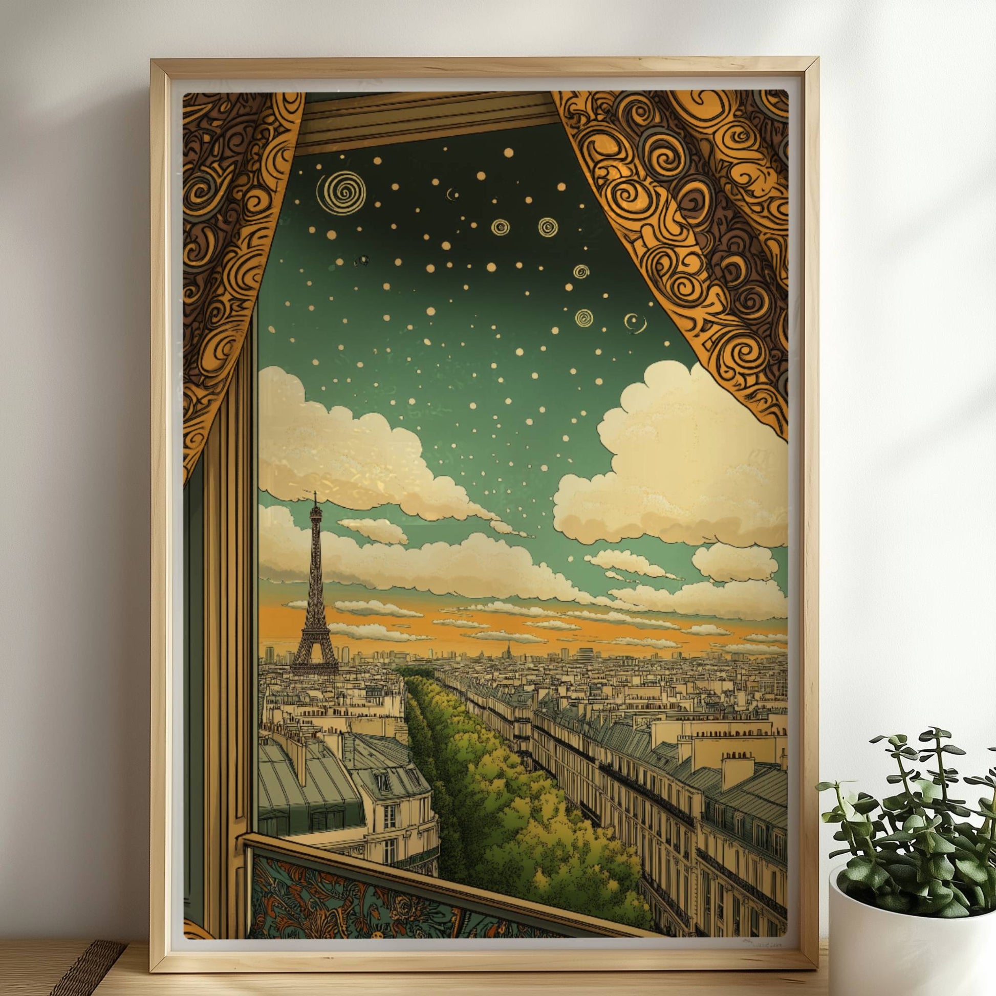 Blick aus einem kunstvoll gerahmten Fenster mit goldenen Vorhängen auf den Eiffelturm, eine Pariser Straße und einen Himmel voller Sterne und Spiralen.. Rahmen natur 50x70