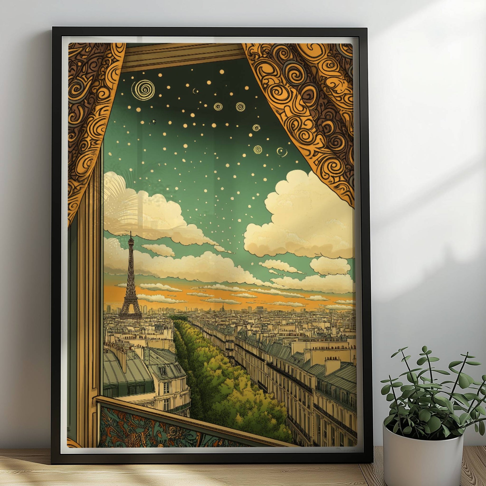 Blick aus einem kunstvoll gerahmten Fenster mit goldenen Vorhängen auf den Eiffelturm, eine Pariser Straße und einen Himmel voller Sterne und Spiralen.. Rahmen schwarz 50x70