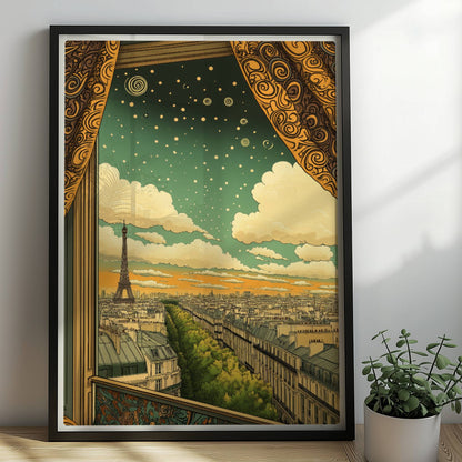 Blick aus einem kunstvoll gerahmten Fenster mit goldenen Vorhängen auf den Eiffelturm, eine Pariser Straße und einen Himmel voller Sterne und Spiralen.. Rahmen schwarz 50x70
